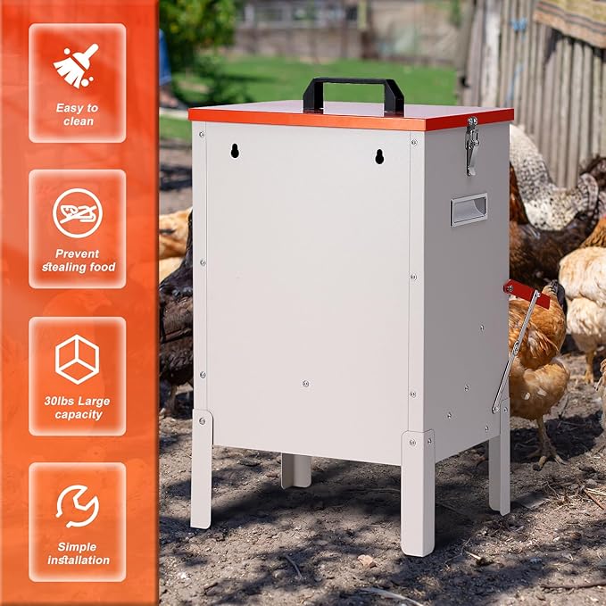 30lbs Automatic Chicken Feeder and Duck Feeder，Large Poultry Feeder for Chickens, Ducks, Geese, Pigeons, Dogs, Cats (Orange)