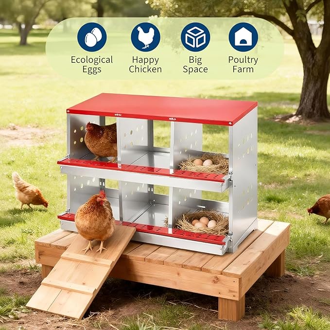 Heavy Duty Metal Chicken Nesting Box – 6 Compartments, Rollaway Egg Collection, Ventilated, Resting Perch, Wall Mounted/Floor, Easy Clean, Red Covered, 96×48×71cm, with Cover