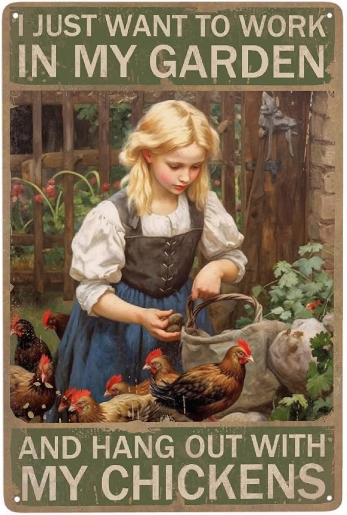 Jocasa Vintage Girl Metal Tin Sign - Chicken Sign For Chicken Coop, 12''X 8''