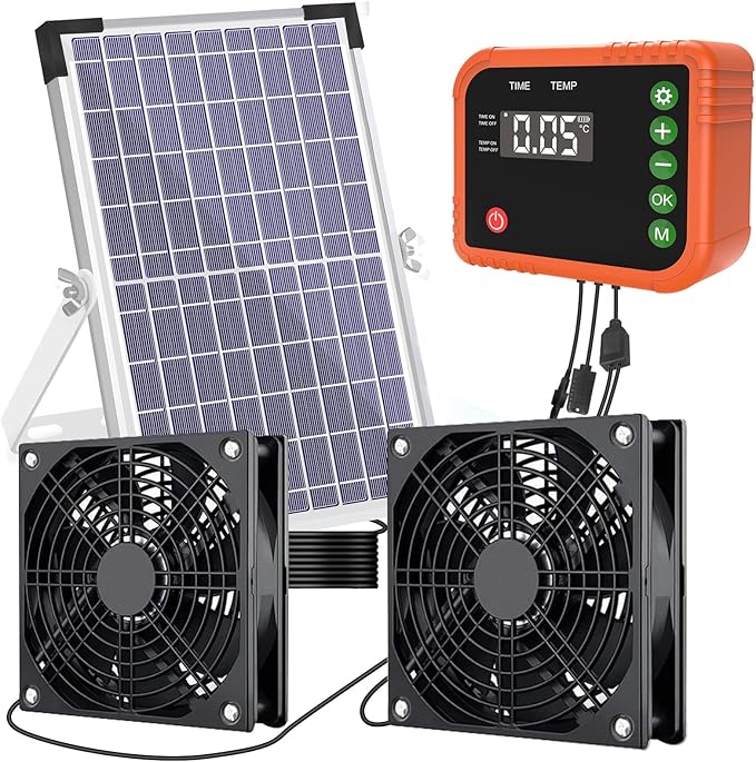 Lewisia 10W Solar Powered Fan with Timer & Temperature Control IPX5 Weatherproof Dual Fan Solar Exhaust Intake Cooling Ventilation for Chicken Coop Greenhouse Shed Pet House Garage