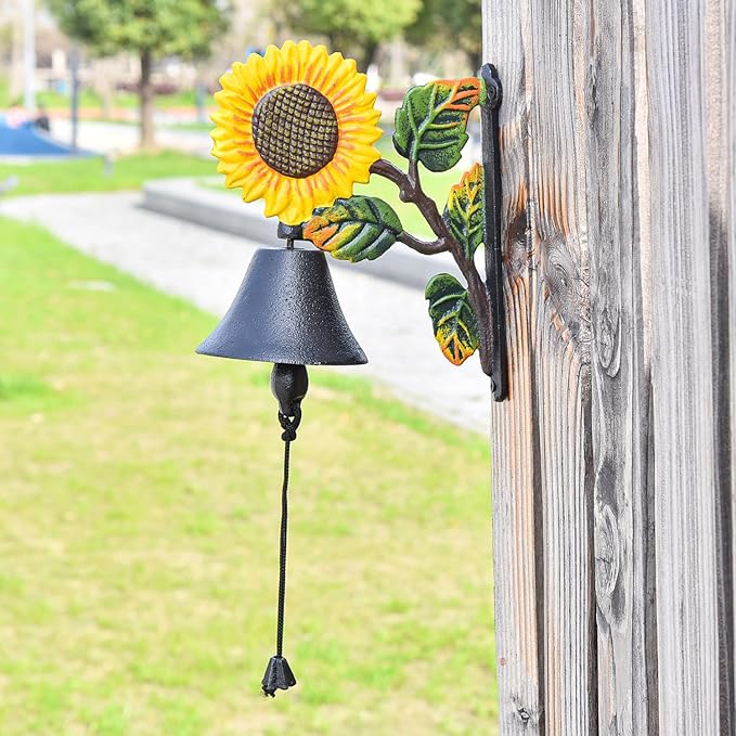 Sungmor Heavy Duty Cast Iron Sunflower Hand Bell - Hand-Painted Wall Decor for Indoor/Outdoor Use