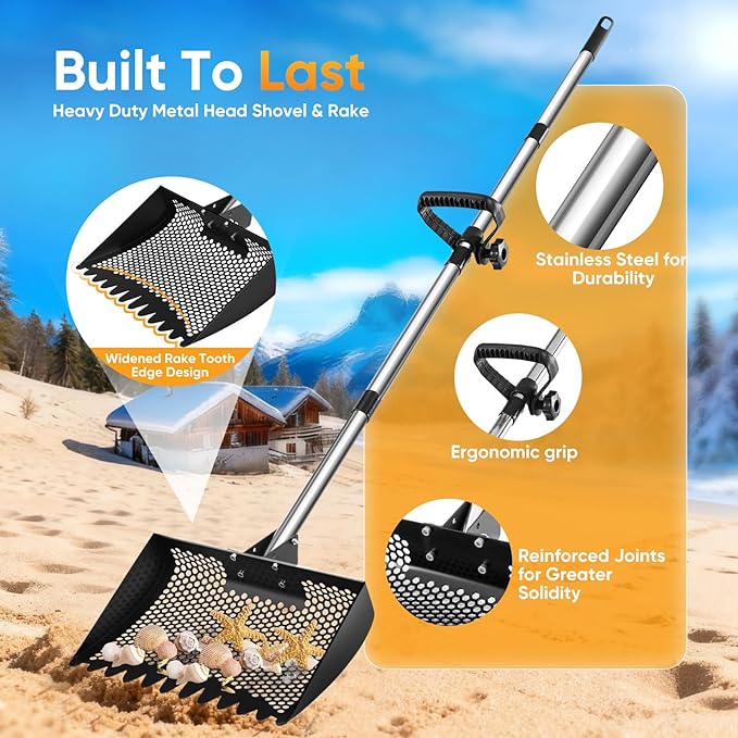 12inch Chicken Poop Scooper & Rake 2-in-1, Heavy Duty Metal Chicken Coop Scoop for Sand with Ergonomic Grip, Adjustable Angle Stainless Steel Chicken Coop Rake Litter Sifting Shovel (37-64")