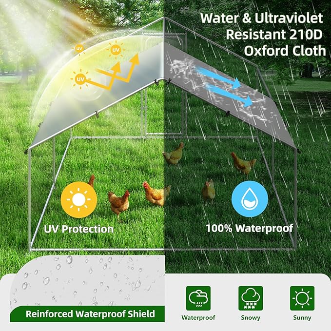 Large Metal Chicken Coop Pen Walk-in Poultry Cage with Waterproof and UV-Resistant Cover, Outdoor Chicken Run for Backyard Farm Use,Spire Roof(10’ W x 13.2’ L x 6.4’ H)