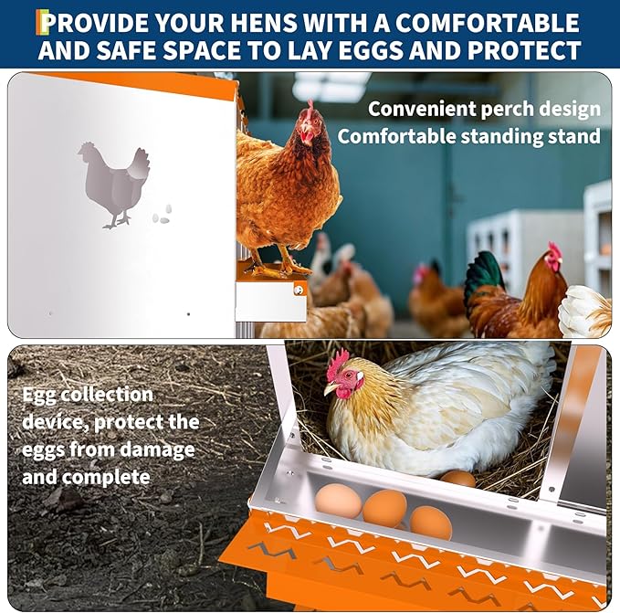8 Compartment Metal Chicken Nesting Box, Automatic Roll-Out Egg Collection, Waterproof Galvanized Steel Laying Box with Perch & Wall Mount, for Hens Ducks Rabbits, Orange