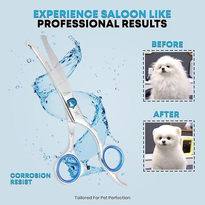 6.5” Curved Pet Grooming Scissors – Professional Dog Hair Cutting Shears with Blue Adjustable Tension Screw & Comfort Grip – Ideal for Face, Ears, Paws & Finishing
