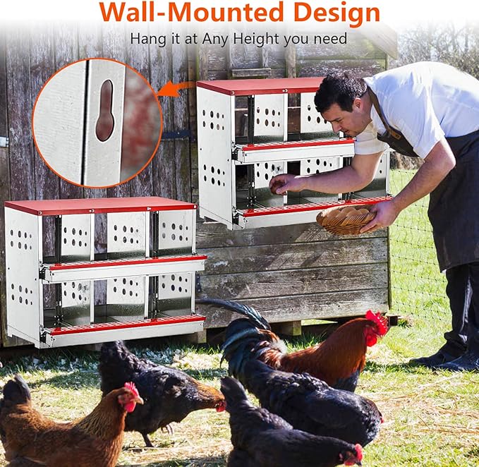 Garvee Nesting Boxes for Chickens, 6 Compartment Roll Out Away Chicken Nesting Boxes for Laying Eggs, Nesting Gift Boxes for Hens Duck Poultry, Metal Heavy Duty Chicken Coop with Perch