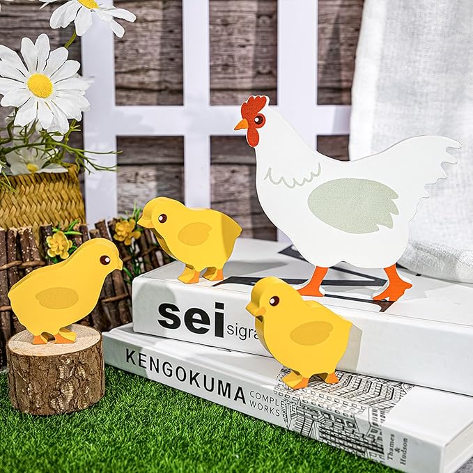 COCHIE Cute Wooden Chickens Decorations Indoor, Spring Farmhouse Chicks Blocks Tiered Tray Decor, Funny Wood Chicken for Home Table Desk Door Shelf (Set of 4)