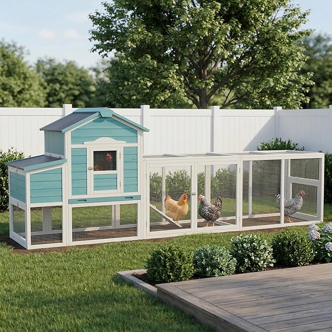 122" Large Wooden Chicken Coop with Run - Outdoor Hen House for 4-6 Chickens, Poultry Habitat Supplies with Chicken Nesting Box, Covered Chicken Enclosure & Big Chicken Coop Kits