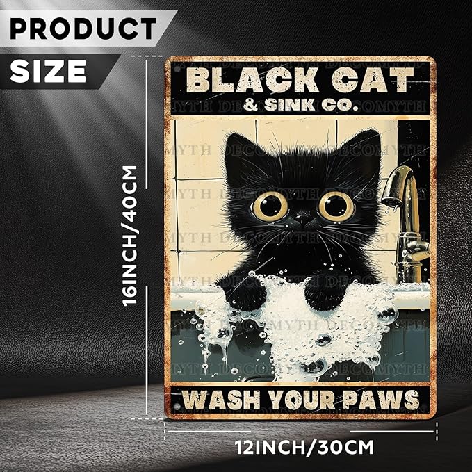 Vintage Black Cat Tin Sign Wash Your Paws Retro Wall Decor Decorations for Home Funny Cats Lovers Poster Indoor Store Cafe Toilet Bathroom Restroom Bar Pubs Farmhouse Farm Shop 12 * 16inch