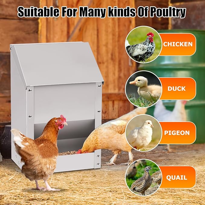 Automatic Chicken Feeder 10lb Metal Chicken Feeders with Lid No Waste Duck Feeder Hanging Chicken Feeder Trough with Scoop for Chickens Ducks Goose Poultry (Small Size)