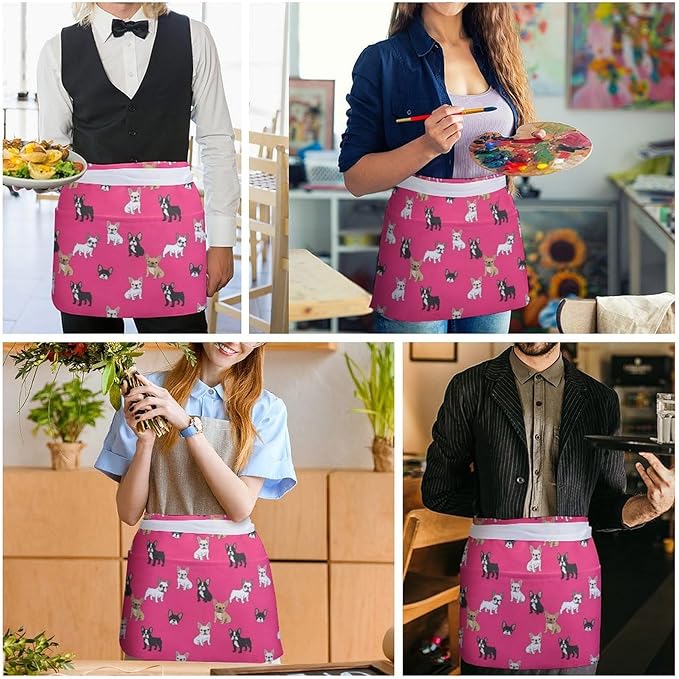 Unisex Chef Waiter Apron Waist Half Short Serving Aprons with 3 Pockets