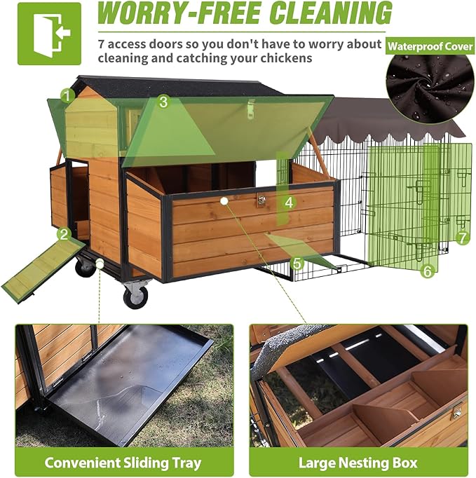 Extra Large Mobile Chicken Coop with Run, Portable Chicken Tractor with Wheels, 76.7" L Hen House Poultry Cage with All-Around Iron Frame, Metal Sliding Tray, 6 Nesting Boxes for 6-8 Chickens