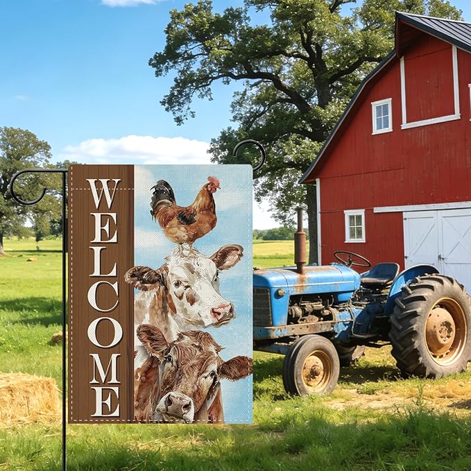 Dyrenson Vintage Farm Animals Welcome Decorative Garden Flag, Retro Farmhouse Cow Rooster Chicken Yard Outside Home Decoration, Rustic Country Burlap Outdoor Small Decor Double Sided 12 x 18