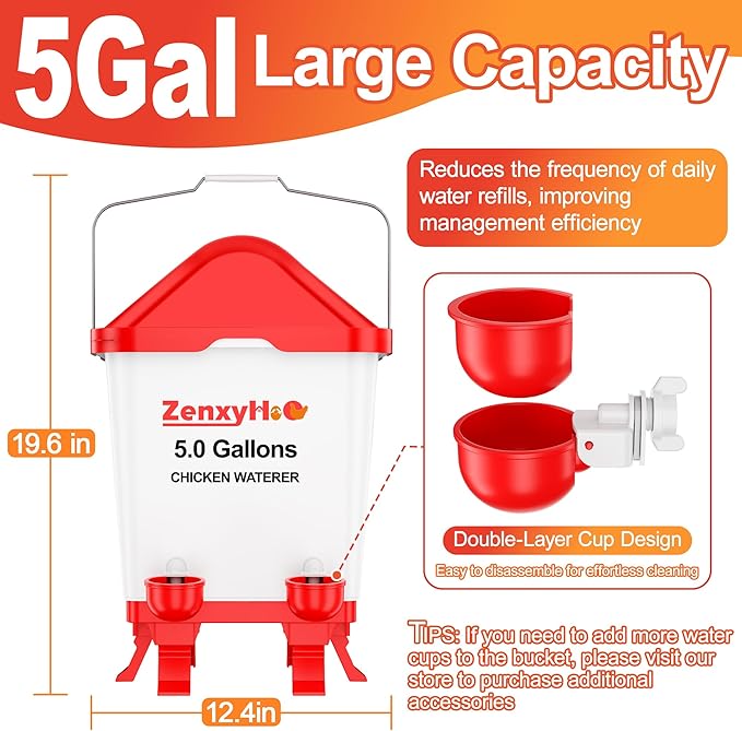 5.0 Gallons Chicken Waterer Bucket with 4 Waterer Cups, Adjustable Heights and Anti Roost Cone