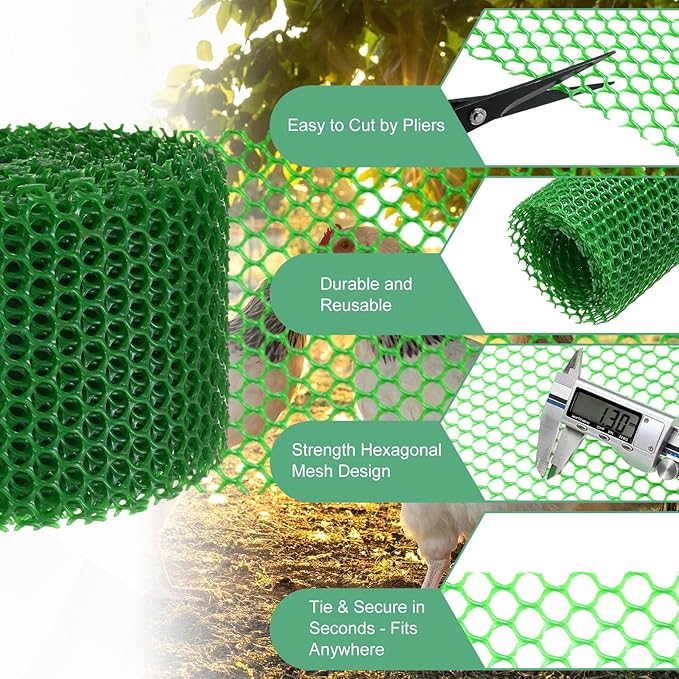 1-Pack Floral Chicken Wire Mesh, 3.9 in x 33 ft Plastic Hexagonal Chicken Wire Fencing with 50 Garden Ties for Crafts/Poultry Netting/Garden/Plant Protection [Green]