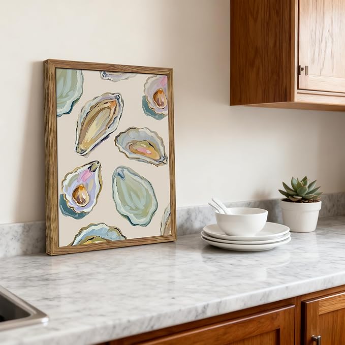 Framed Oyster Shell Canvas Wall Art, Colorful Abstract Wall Art Print, Coastal Beach House Wall Decor, Summer Dining Room Picture Poster, Modern Kitchen Oyster Oil Painting Artwork 8x10 inch