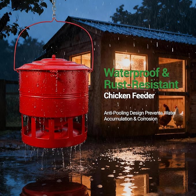 Metal Hanging Chicken Feeder No Waste, Rain-Proof Automatic Chicken Feeders, No-Spill Poultry Feeder, Rat Proof Gravity Chicken Feeder with 12 Ports for Farm & Backyard Chicken Coop