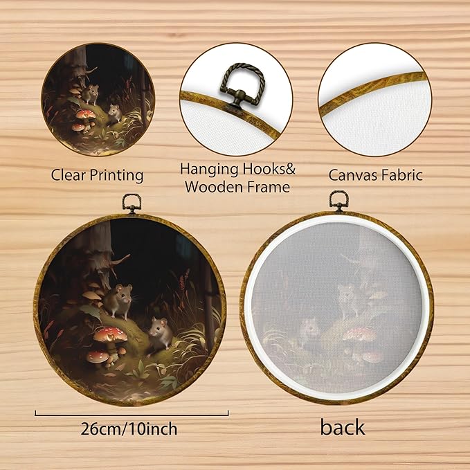 Hiuwevt Dark Cottagecore Mushroom Mouse Round Wall Art Decor, Moody Cottage Core Rat Framed Canvas Prints, Nature Forest Round Wall Hanging Decor for Home Bedroom Living Room Decorations, 10x10 Inches