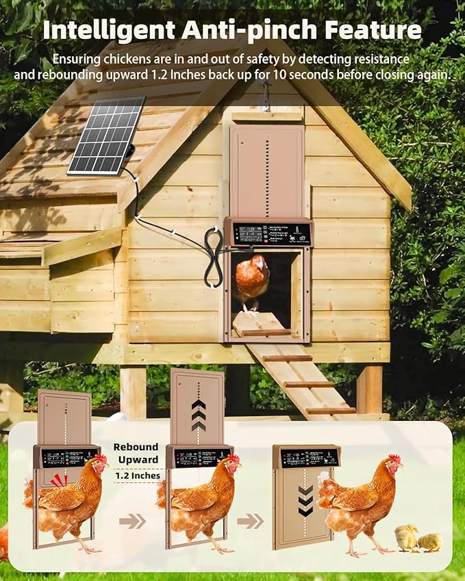 Automatic Chicken Coop Door, Pet Deluxe Chicken Coop Door Solar Powered 7W - Programmable Timer, Light Sensor, Anti-Pinch Safety, Aluminum Alloy Frame with 10 Wire Clips Chicken Door - Brown