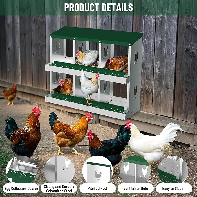 6-Compartment Metal Chicken Nesting Box - with Perch, Secure Lid & Metal Legs, Wall-Mount or Free-Standing Nesting Boxes for Hens