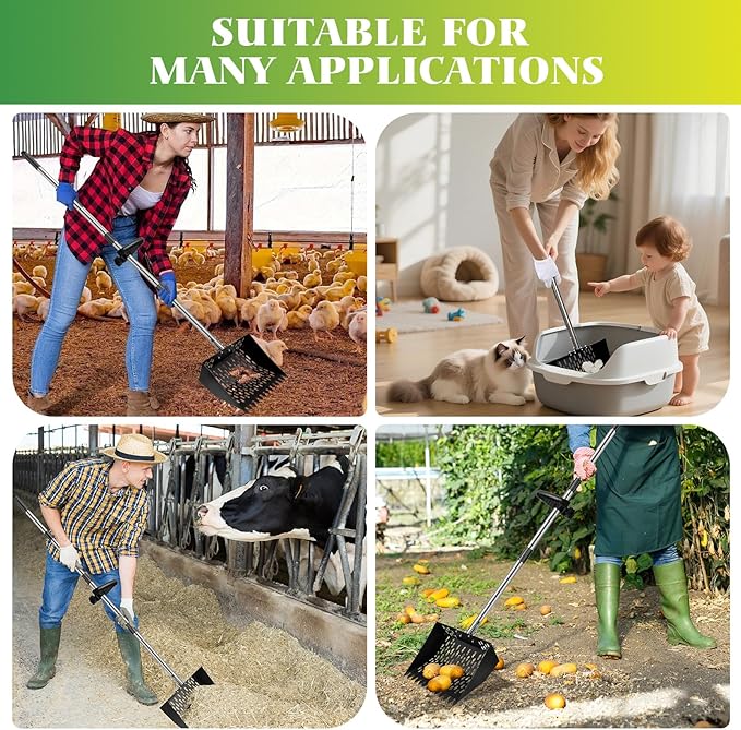 Chicken Poop Scooper, 2-in-1 Metal Chicken Coop Scoop for Sand with 22 to 64" Adjustable Handle, Multifunctional Rake & sifting Shovel Cleaning Tools for Chicken Scoop, Animal Farm, Duck Coop