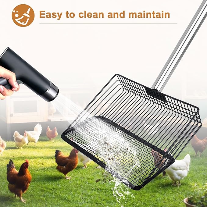 10in Wide Stainless Steel Chicken Poop Scooper with Adjustable Handle,36"-62" Long,Detailed mesh Design,Easy to Use Cleaning Tool for Chicken Coop, Sand Sifting