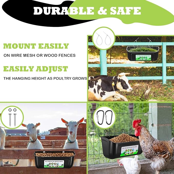5 Pack Chicken Feeder, Duck Feeder Supplies, Hanging Fence Feed Trough with Clips for Goat, Sheeple, Piglet, Gooses, Turkeys, Dog Livestock Poultry, 8 Quarts in Total, Feed Scoop Included, Black