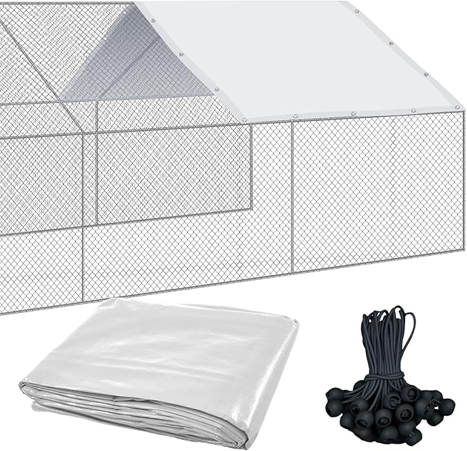 VitalCozy 1 Set Chicken Coop Cover 11. 5 x 6. 6 ft Metal Chicken Cooper Cover Waterproof with 25 Pcs Ball Bungees Cords Sun Resistance for Outdoor