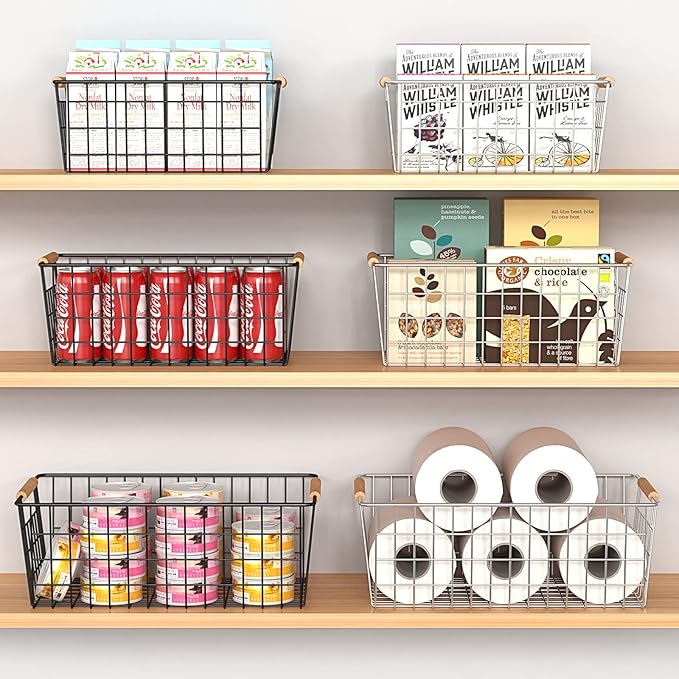 Wire Storage Baskets with Wooden Handles, 3 Pack Metal Organizer Baskets for Kitchen, Pantry, Freezer, Laundry,Farmhouse,Bathroom Baskets for Organizing,Black (1 Small, 1 Medium, 1 Large)