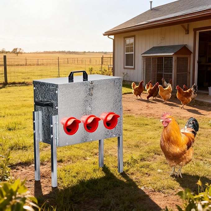 Large Capacity Automatic Poultry Feeder, 6 Ports Feed Up to 20 Hens, Rodent-Proof Galvanized Metal with Lid & Legs, Refill Weekly, Easy Clean, Durable Outdoor Use