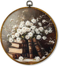 Hiuwevt Daisy Round Wall Art Decor, Vintage Moody Academia Daisy Book Framed Canvas Prints, Cottagecore Floral Botanical Bookish Round Wall Hanging Decor for Bedroom Home Decorations, 10x10 Inches