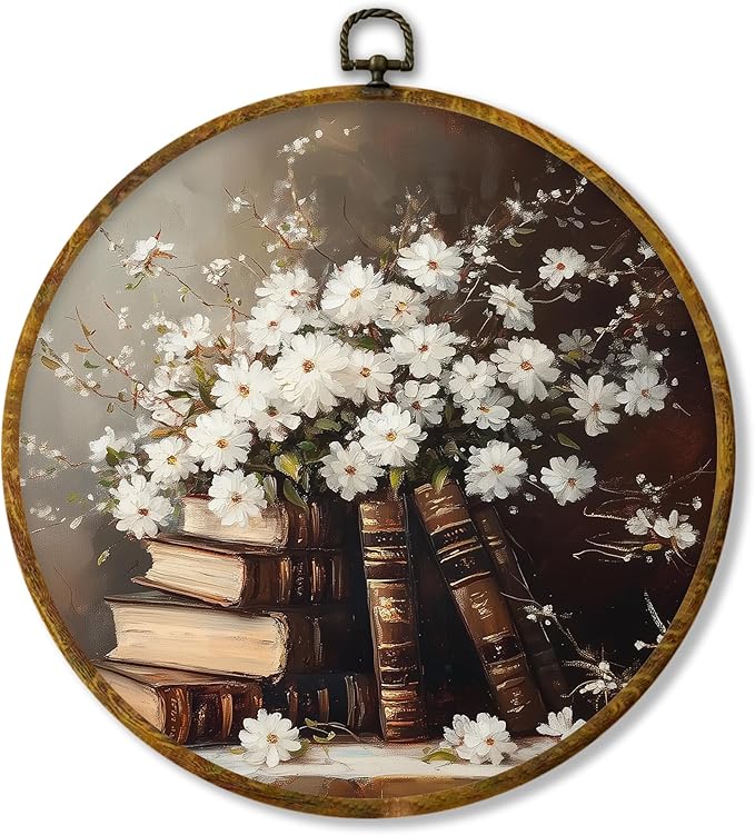 Hiuwevt Daisy Round Wall Art Decor, Vintage Moody Academia Daisy Book Framed Canvas Prints, Cottagecore Floral Botanical Bookish Round Wall Hanging Decor for Bedroom Home Decorations, 10x10 Inches