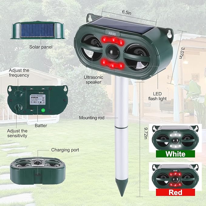 2025 Upgraded Solar Ultrasonic Animal Repellent Outdoor Indoor, Waterproof Motion Activated Deterrent Repel Deer Cat Dog Bird Rabbit Squirrels Raccoon Skunk with Red-White Flash Lights for Garden Yard