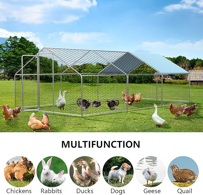 ROOMTEC 1.25'' Large Metal Chicken Coop for 20 Chickens,Chicken Runs for Yard with Cover Walk-in Poultry Cage Lockable Door Design(9.8'Lx19.6'Wx6.4'H)