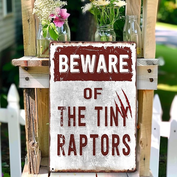 Chicken Signs, Funny Chicken Coop Sign Beware of The Tiny Raptors Metal Tin Sign Chicken Coop Accessories Outdoor Chicken Farm Sign Yard Decor Gifts 8x12 Inch