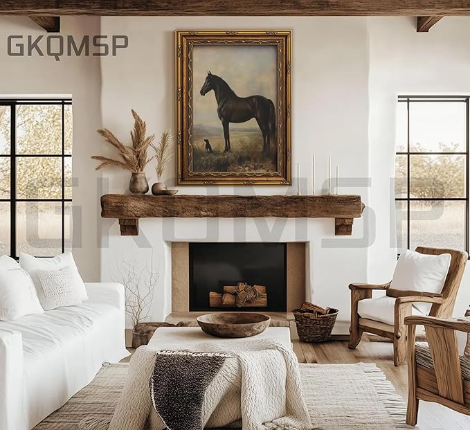 Vintage Gold Framed Horse Wall Art Horse and Dog Canvas Wall Decor Retro Rustic Farmhouse Animal Picture Rustic Horses Poster Artwork for Home Living Bedroom Farmhouse Hallway 16x24in