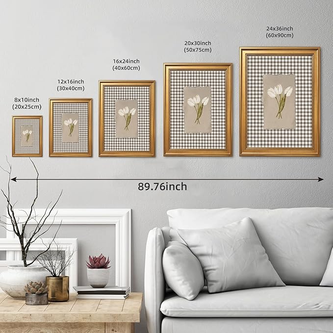 Gold Framed White Tulips Vintage Floral Wall Art Painting Brown Gingham Botanical Print Rustic Farmhouse Flower Picture Poster Neutral Cottagecore Canvas Artwork Aesthetic Country Home Decor 12x16inch