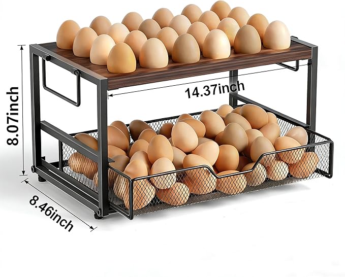 2-Tier Wooden Egg Storage Organizer with Basket – Holds 24+60 Chicken, Duck & Quail Eggs – Compact Countertop Holder with Carry Handle for Easy Transport