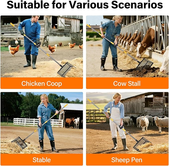 AsFrost 2-in-1 Chicken Poop Scooper & Rake,12" Heavy Duty Litter Scooper Sand Sifting Shovel for Chicken Coop & Pet Waste Cleaning, Adjustable 26" to 76" Stainless Steel Handle for Small Farm & Sand