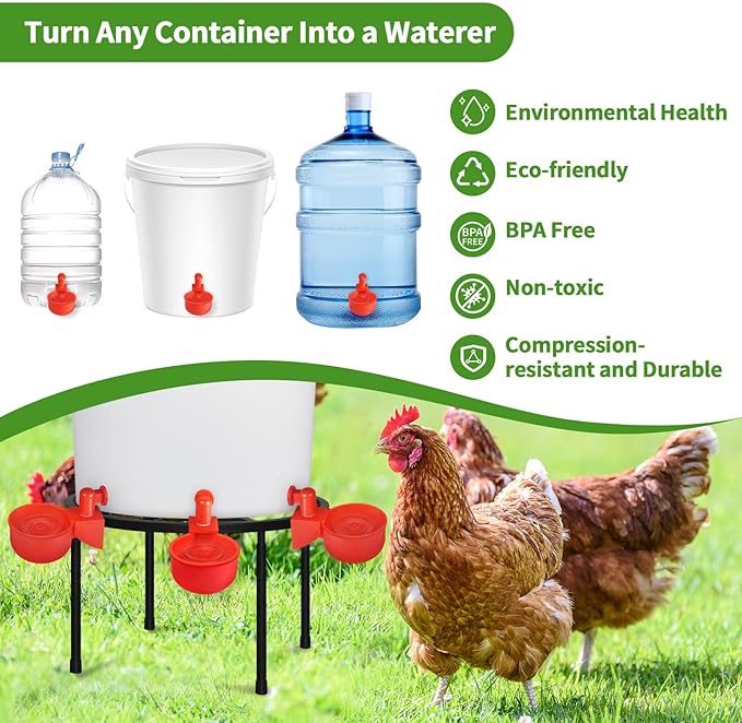 Chicken Water Feeder, 12 Pack Chicken Water Cup Waterer for Poultry, 1 Pack Metal Stand, Heavy Duty Round Iron Supports Rack for Barrel Racks, Poultry Watering Cups, for Coop Poultry Indoor Outdoor
