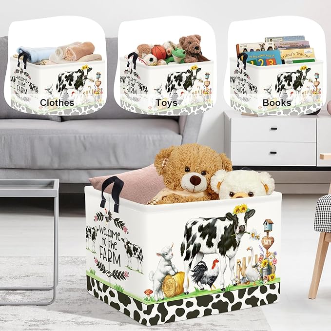Farm Animals Storage Basket Collapsible Clothes Baby Nursery Hamper Large Book Shelf Basket Boy Girl Toy Box Bin for Kid Room, Cow, 36L