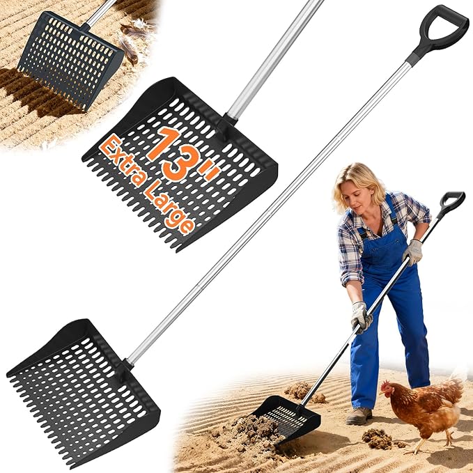 Chicken Poop Scooper & Rake 2-in-1, Chicken Coop Accessories with 13in Wider PP Head & Adjustable Stainless Steel Handle, 33''-69'' Pooper Scooper Sand Sifting Shovel Litter for Small Farm Animals