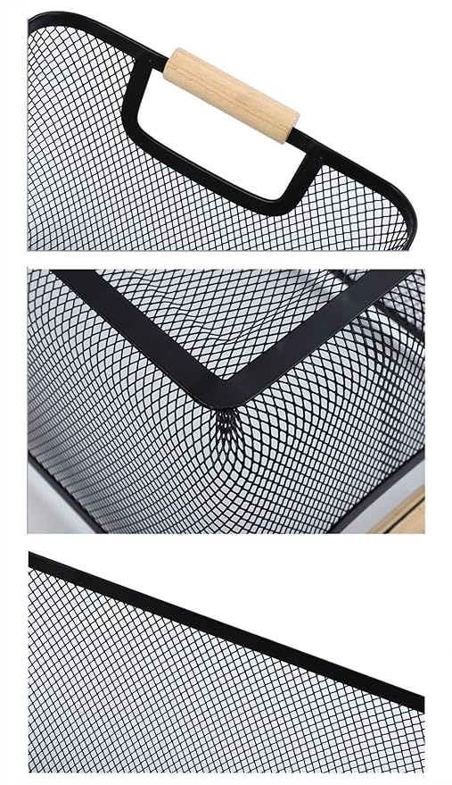 Metal Mesh Steel Basket, Small Wire Storage Organizer Basket Multi-function Hanging Kitchen Basket with Wood Handle for Kitchen Bathroom Picnic Home, Rectangle-Black