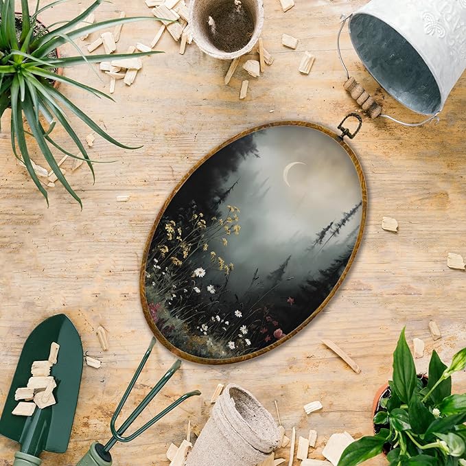 Hiuwevt Vintage Moody Forest Moon Oval Wall Art Decor, Dark Cottagecore Flower Field Framed Canvas Prints, Rustic Landscape Oval Wall Hanging Decor for Home Bedroom Decorations, 8.6x11.4 Inches
