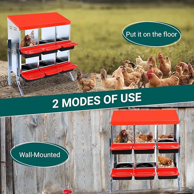 Heavy Duty 6 Hole Chicken Nesting Box with Roll Away Egg Collection System - Rustproof Plastic Tray, Ventilation Holes & Keyhole Mounting - Laying Box for Hens and Ducks (Green)