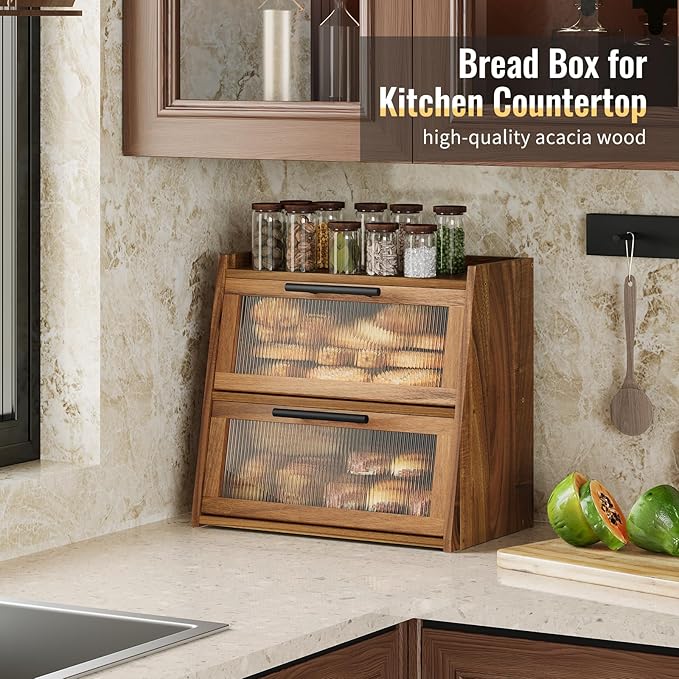 Bread Box for Kitchen Counter, Wooden Double Layer Bread Storage Container Bin,Bread Holde,Countertop Bread Storage with Window