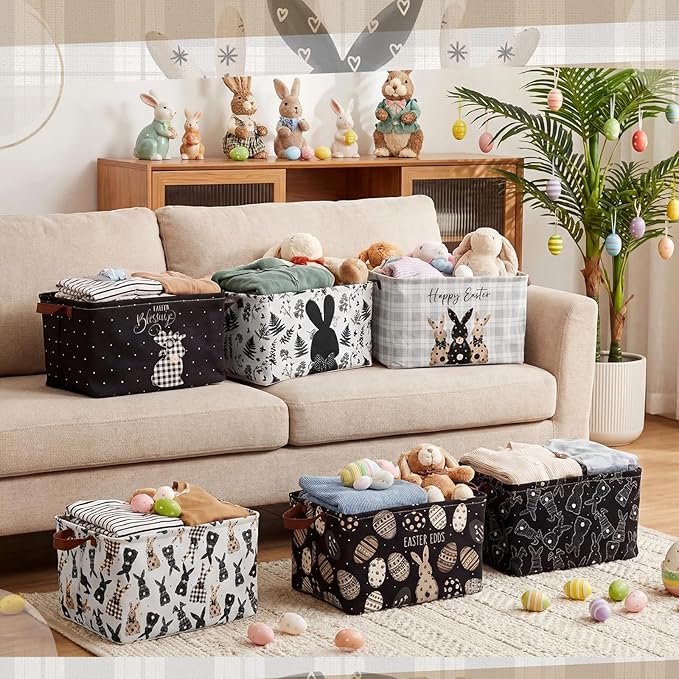 CHENGU 6 Pack Easter Storage Bin Collapsible Easter Basket for Gifts Large Bunny Eggs Black White Holiday Decor Decorative Rabbit Basket Farmhouse Foldable Box with Handle for Bedroom Office Home