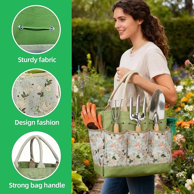 Gardening Tools 10 Pack Heavy Duty Rust-Proof Garden Tool Set with Organizer Tote Bag,Sturdy Repotting Mat,Gardening Gifts for Women Mom(Green)