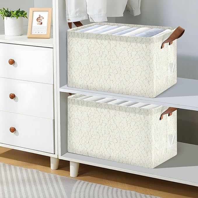 Parchment Grain Pattern Foldable Storage Basket with Handle, Storage Bins with Metal Frame, Fabric Shelf Baskets, Closet Organizers for Clothes, Books, 16.9 x 11.4 x 10 Inch,2-Pack