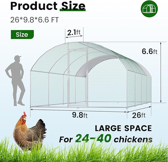 Large Metal Chicken Coop (26' L x 9.8 W x 6.6' H) Walk-in Chicken Run Cages with Waterproof and Anti-Ultraviolet Cover for Outside Dome Top